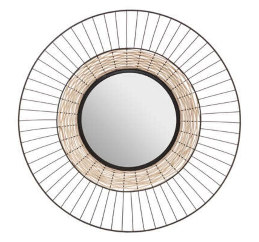 MIROIR METAL NOIR ET ROTIN