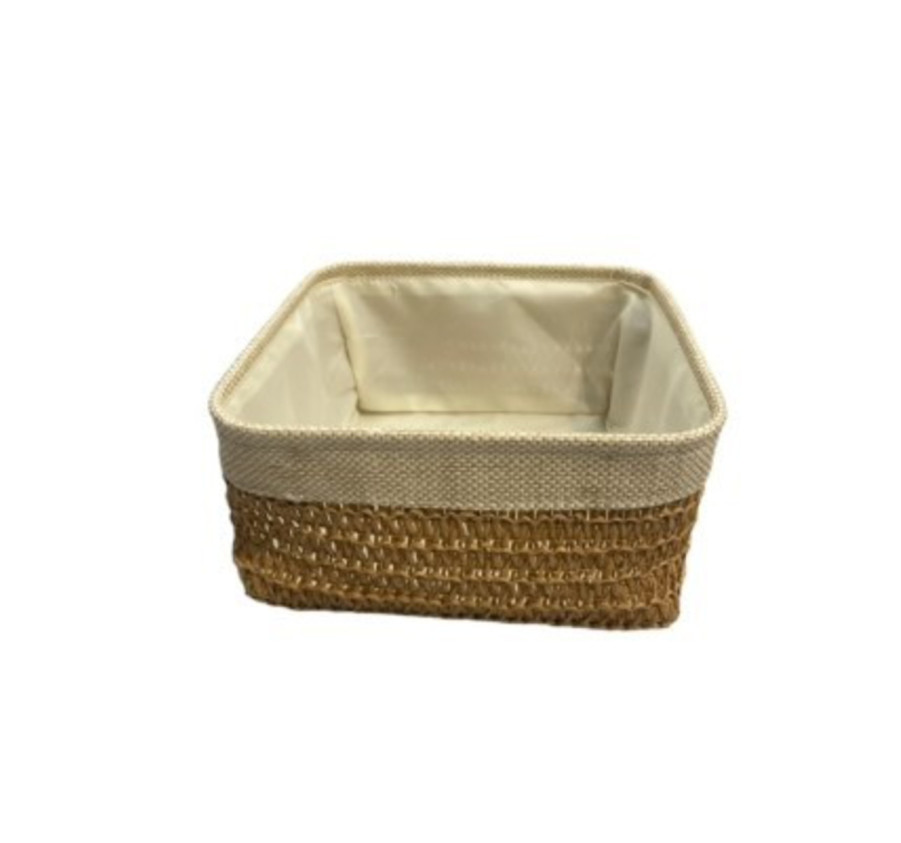 PANIER CARRE RAFIA ET TISSU