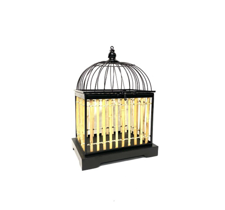 CAGE METAL NOIR ET ROTIN